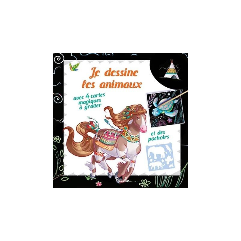 Je dessine les animaux - Cheval - Avec 4 cartes magiques à gratter et des pochoirs