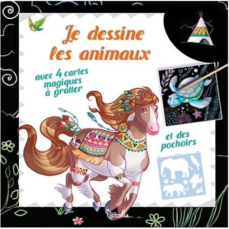 Je dessine les animaux - Cheval - Avec 4 cartes magiques à gratter et des pochoirs