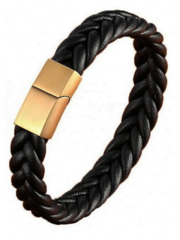 Bracelet Homme en cuir tressé à plat, maille large 12 mm - Fermoir en acier inoxydable coulissant - 21 cm