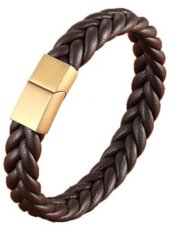 Bracelet Homme en cuir tressé à plat, maille large 12 mm - Fermoir en acier inoxydable coulissant - 21 cm