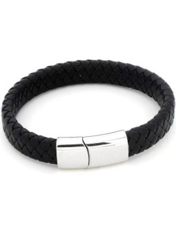 Bracelet Homme en cuir tressé à plat 12 mm - Fermoir en acier inoxydable coulissant
