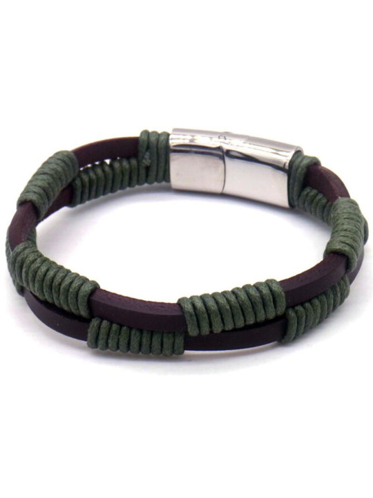 Bracelet Homme double rang, en cuir brun foncé et fil vert - Fermoir en acier inoxydable coulissant - 21 cm