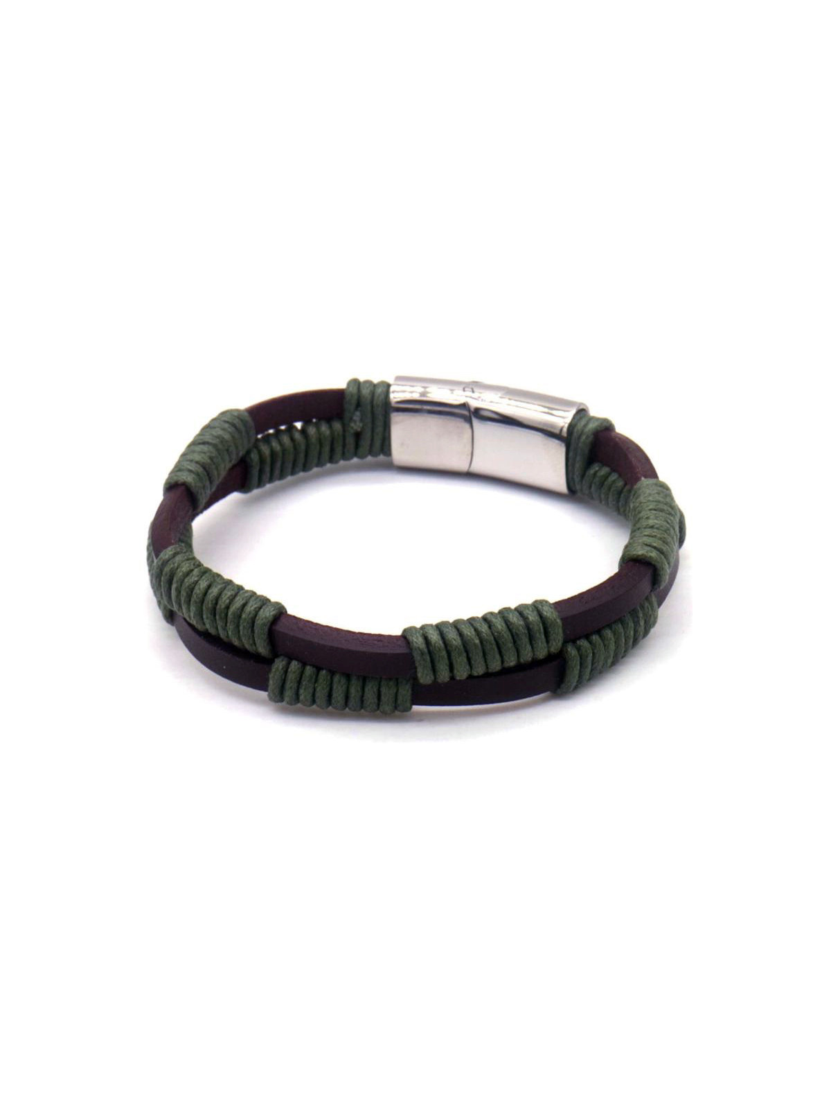Bracelet Homme double rang, en cuir brun foncé et fil vert - Fermoir en acier inoxydable coulissant - 21 cm