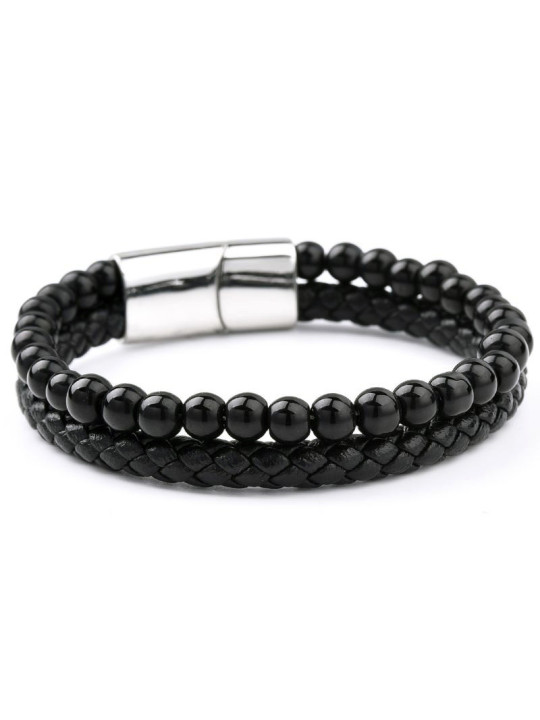Bracelet Homme double rang 6 mm, en cuir tressé et perles d'onyx noir - Fermoir en acier inoxydable coulissant - 21 cm