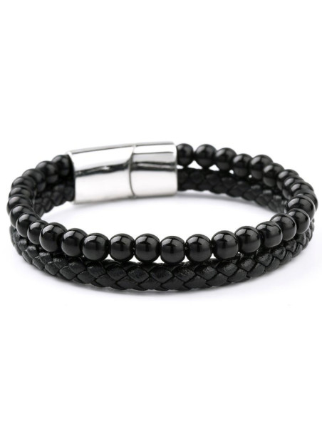 Bracelet Homme double rang 6 mm, en cuir tressé et perles d'onyx noir - Fermoir en acier inoxydable coulissant - 21 cm