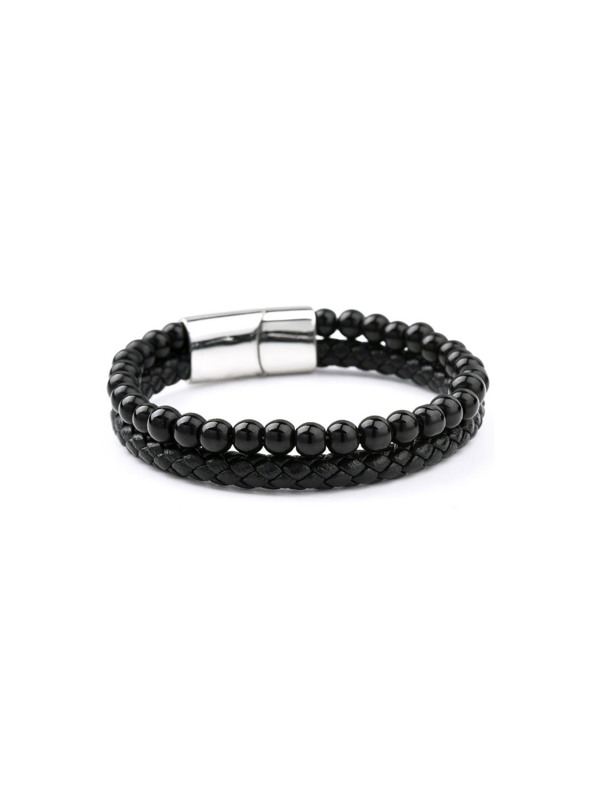 Bracelet Homme double rang 6 mm, en cuir tressé et perles d'onyx noir - Fermoir en acier inoxydable coulissant - 21 cm