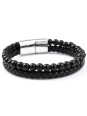 Bracelet Homme double rang 6 mm, en cuir tressé et perles d'onyx noir - Fermoir en acier inoxydable coulissant - 21 cm
