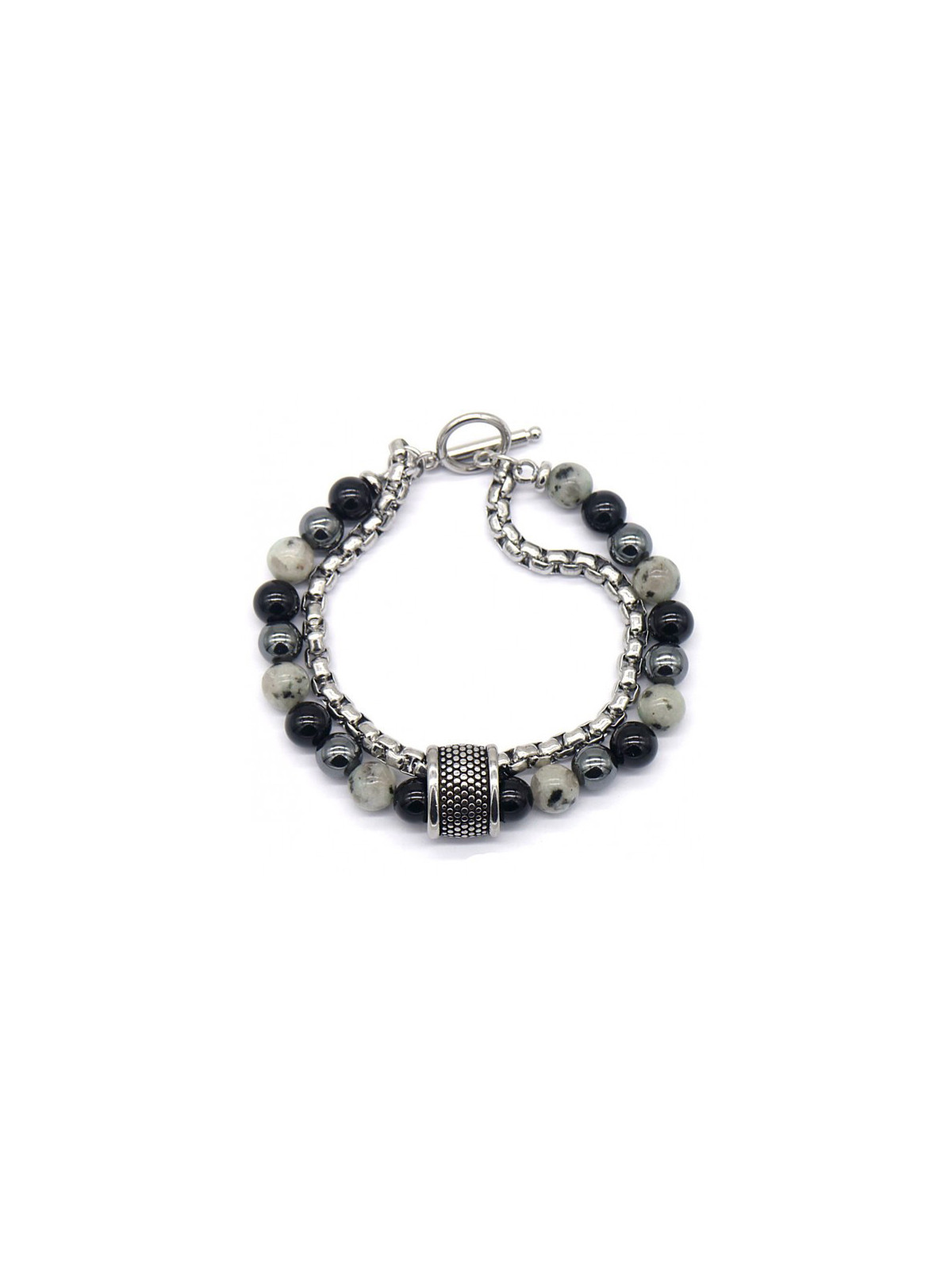 Bracelet Homme double rang, maillons en acier inoxydable et perles onyx noir, hématite & jaspe kiwi 8 mm - 21 cm