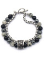Bracelet Homme double rang, maillons en acier inoxydable et perles onyx noir, hématite & jaspe kiwi 8 mm - 21 cm