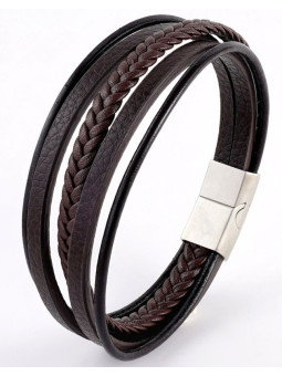 Bracelet Homme 5 rangs, en cuir tressé, cuir plat et cuir rond - Fermoir en acier inoxydable coulissant - 21 cm