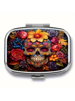 Boîte à Pilules métallique 2 Compartiments : Calavera, tête de mort mexicaine - À glisser dans sa poche ou dans son sac à mains