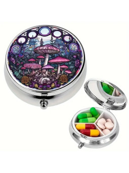 Boîte à Pilules métallique 3 Compartiments : Jolis champignons rosés - À glisser dans sa poche ou dans son sac à mains