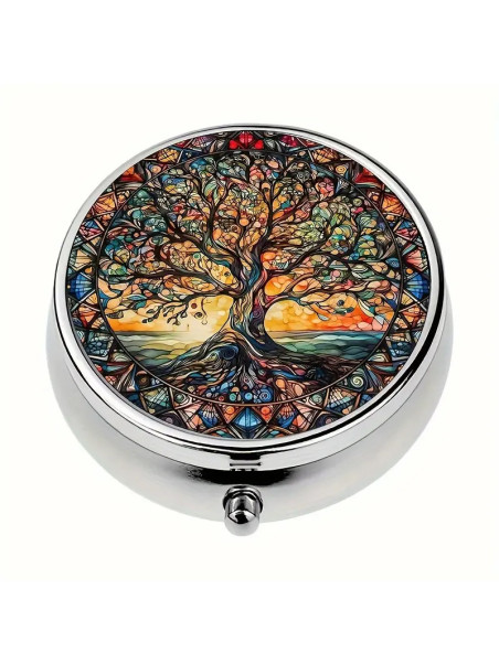Boîte à Pilules métallique 3 Compartiments : Arbre de vie soleil levant - À glisser dans sa poche ou dans son sac à mains