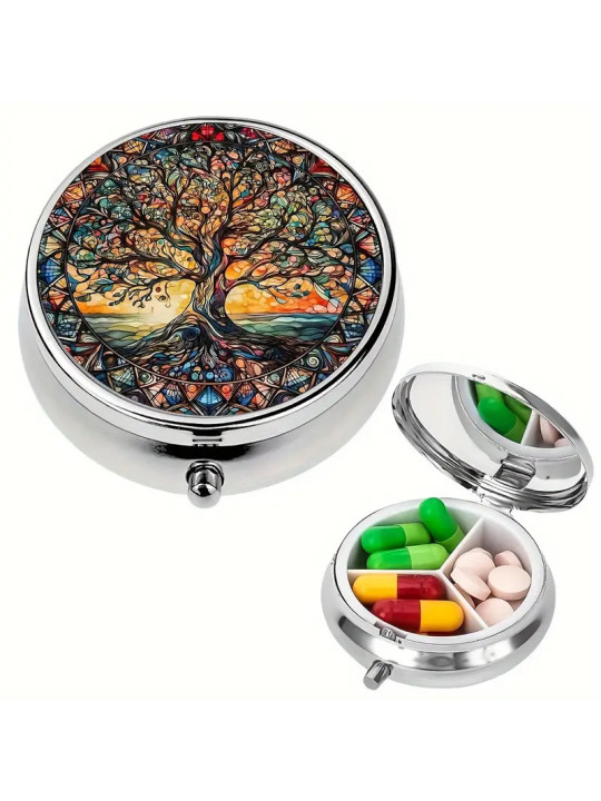 Boîte à Pilules métallique 3 Compartiments : Arbre de vie soleil levant - À glisser dans sa poche ou dans son sac à mains