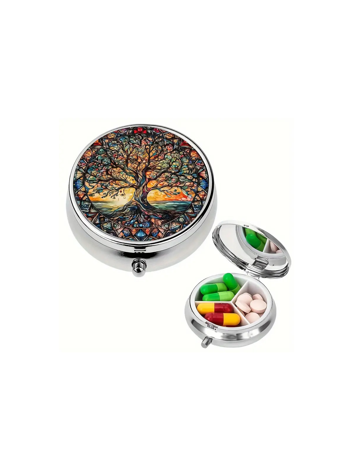 Boîte à Pilules métallique 3 Compartiments : Arbre de vie soleil levant - À glisser dans sa poche ou dans son sac à mains