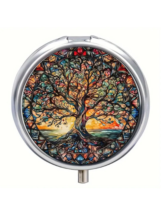 Boîte à Pilules métallique 3 Compartiments : Arbre de vie soleil levant - À glisser dans sa poche ou dans son sac à mains