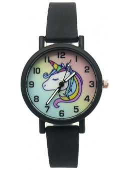 Montre licorne enfant - Cadran en métal teinté et verre, aiguilles avec trotteuse, bracelet résistant en plastique coloré