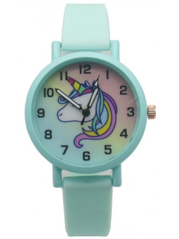 Montre licorne enfant - Cadran en métal teinté et verre, aiguilles avec trotteuse, bracelet résistant en plastique coloré