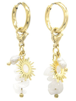 Boucles d'oreilles Soleil au Crépuscule en acier inoxydable doré - Anneau, breloque soleil, perle d'eau & pierres naturelles