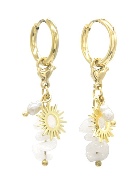 Boucles d'oreilles Soleil au Crépuscule en acier inoxydable doré - Anneau, breloque soleil, perle d'eau & pierres naturelles