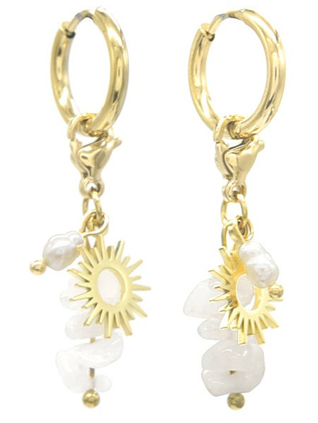 Boucles d'oreilles Soleil au Crépuscule en acier inoxydable doré - Anneau, breloque soleil, perle d'eau & pierres naturelles