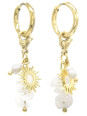 Boucles d'oreilles Soleil au Crépuscule en acier inoxydable doré - Anneau, breloque soleil, perle d'eau & pierres naturelles