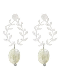 Boucles d'oreilles Couronne Enchantée en acier inoxydable argenté - Couronne de feuilles & pierres naturelles