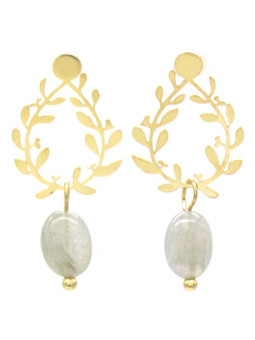 Boucles d'oreilles Couronne Enchantée en acier inoxydable doré - Couronne de feuilles & pierres naturelles