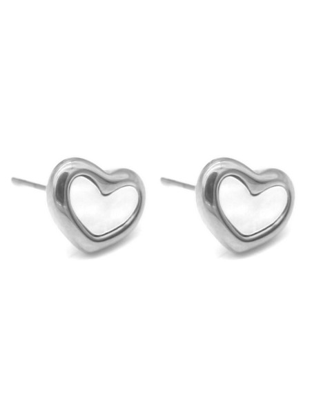 Boucles d'oreilles Cœur de L'Océan en acier inoxydable argenté - Cœur en nacre naturelle blanche
