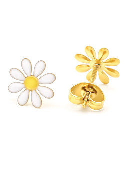 Boucles d'oreilles Pâquerettes Printanières en acier inoxydable doré - Fleurs au capitule jaune et pétales blancs