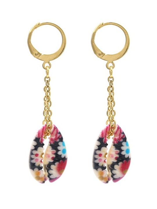Boucles d'oreilles Coquillages Flowers en acier inoxydable doré - Coquillages peints fleuris