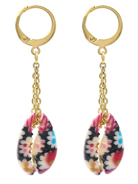 Boucles d'oreilles Coquillages Flowers en acier inoxydable doré - Coquillages peints fleuris