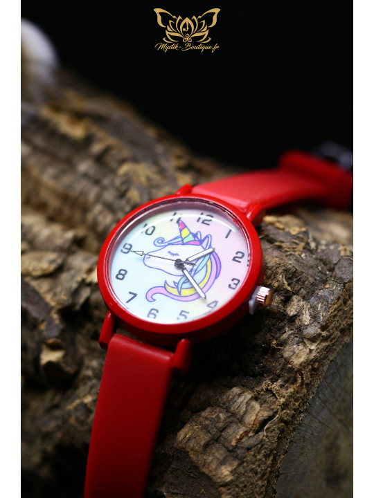 Montre licorne enfant - Cadran en métal teinté et verre, aiguilles avec trotteuse, bracelet résistant en plastique coloré