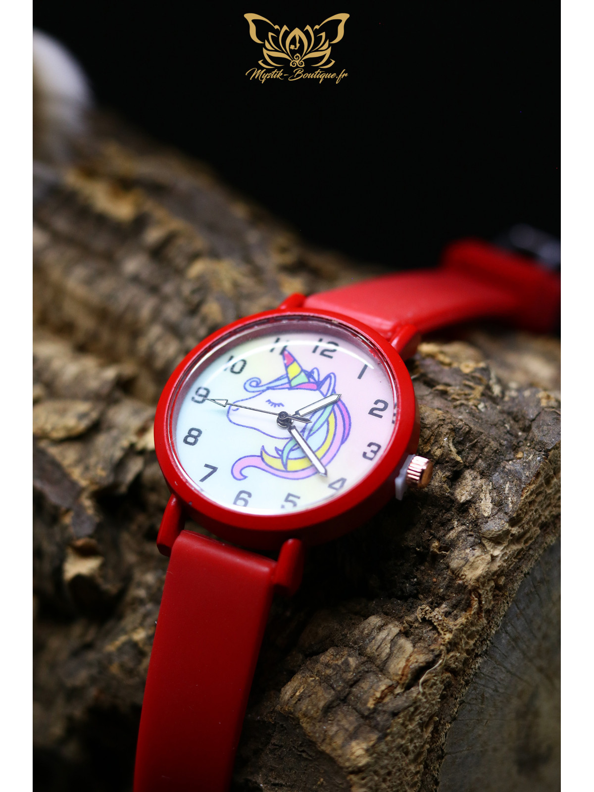 Montre licorne enfant - Cadran en métal teinté et verre, aiguilles avec trotteuse, bracelet résistant en plastique coloré