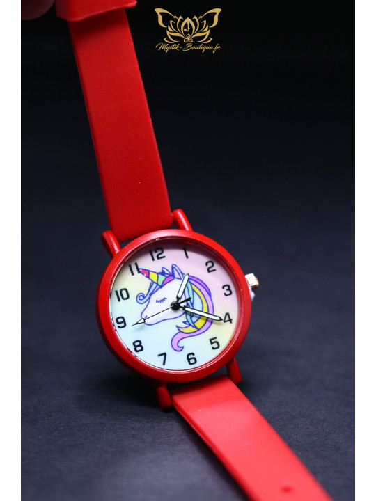 Montre licorne enfant - Cadran en métal teinté et verre, aiguilles avec trotteuse, bracelet résistant en plastique coloré