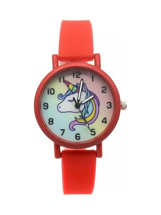 Montre licorne enfant - Cadran en métal teinté et verre, aiguilles avec trotteuse, bracelet résistant en plastique coloré