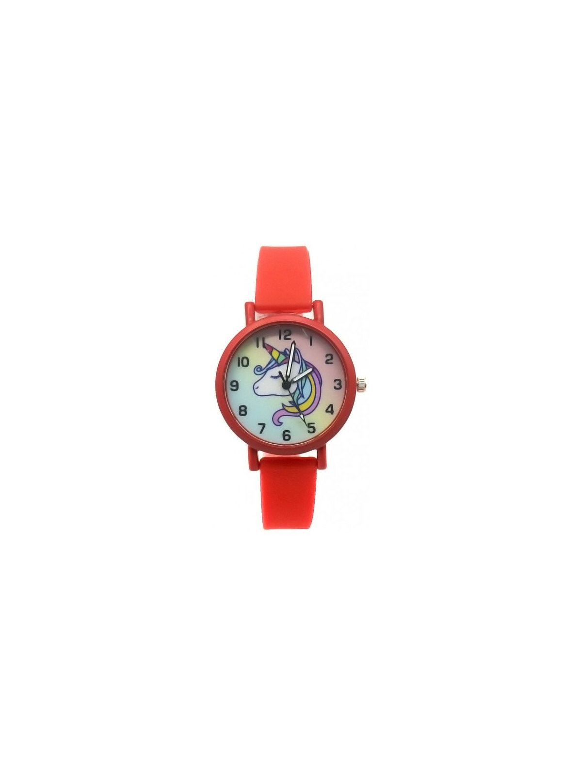 Montre licorne enfant - Cadran en métal teinté et verre, aiguilles avec trotteuse, bracelet résistant en plastique coloré