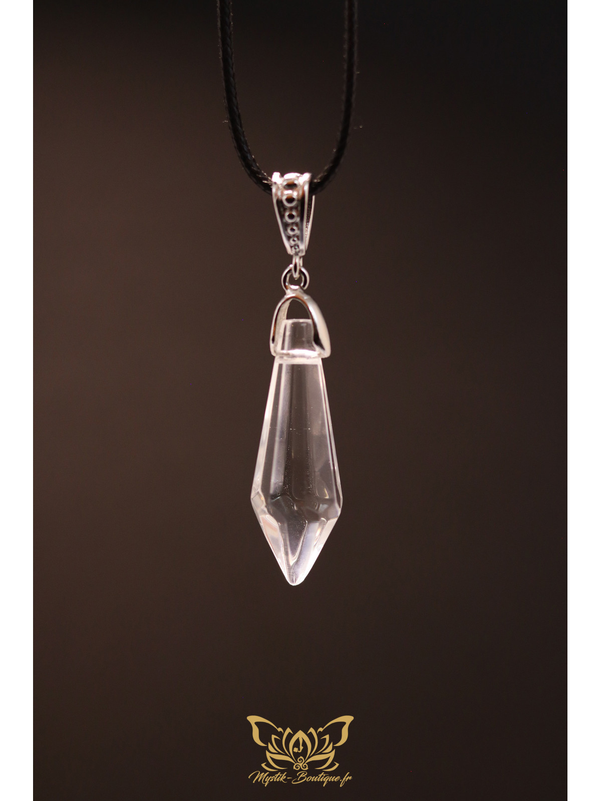 Collier Pointe Pendulaire Octogonale en verre - Pendentif en verre transparent 37 mm sur sa bélière en laiton argenté