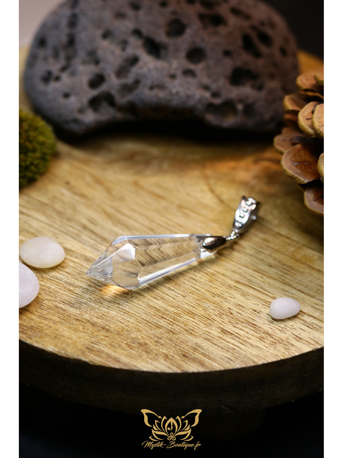 Collier Pointe Pendulaire Octogonale en verre - Pendentif en verre transparent 37 mm sur sa bélière en laiton argenté