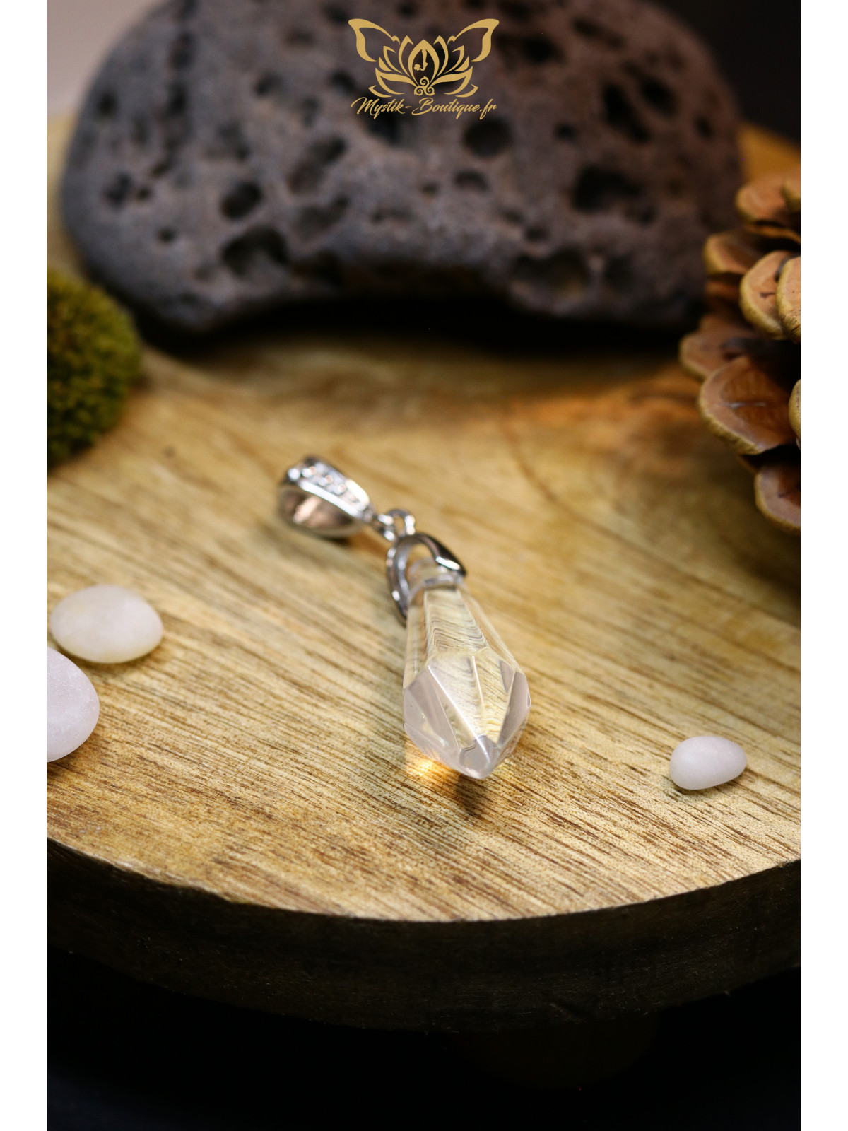 Collier Pointe Pendulaire Octogonale en verre - Pendentif en verre transparent 37 mm sur sa bélière en laiton argenté