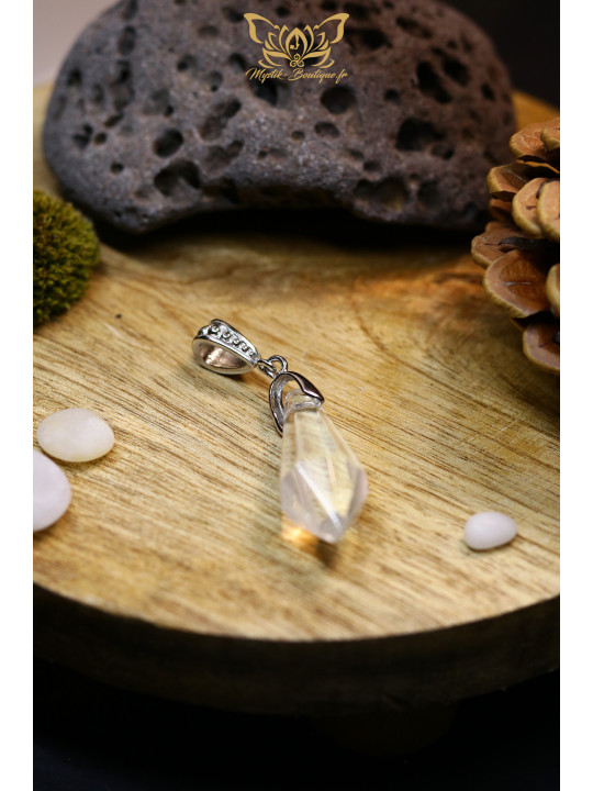 Collier Pointe Pendulaire Octogonale en verre - Pendentif en verre transparent 37 mm sur sa bélière en laiton argenté