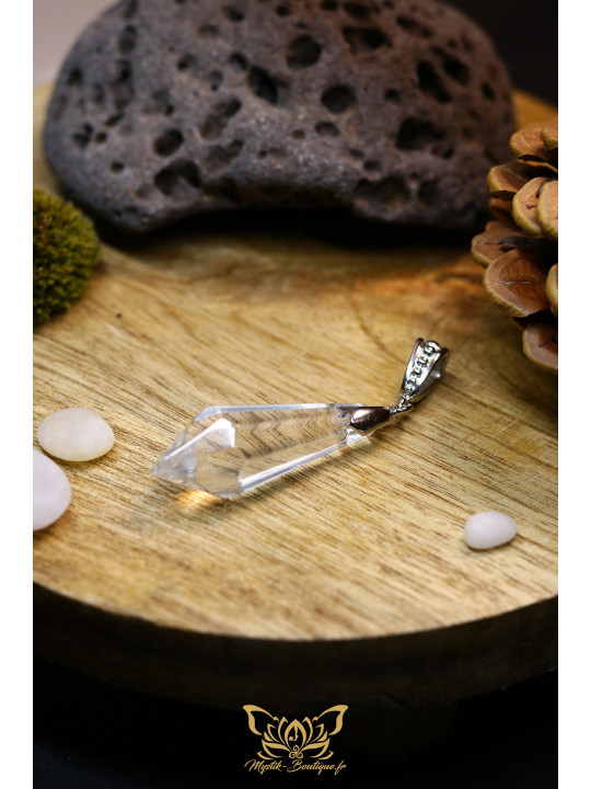Collier Pointe Pendulaire Octogonale en verre - Pendentif en verre transparent 37 mm sur sa bélière en laiton argenté