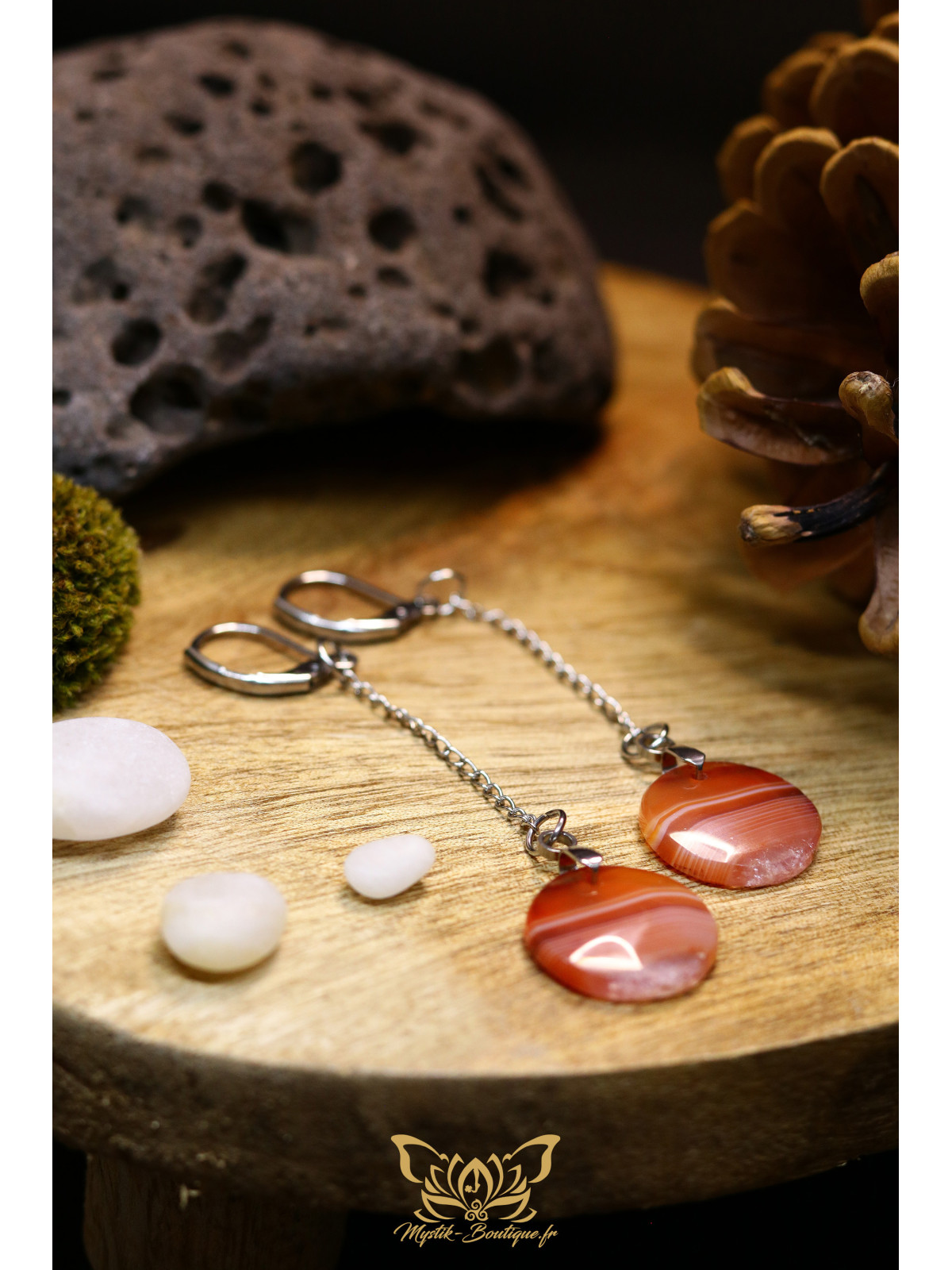 Boucles d'oreilles artisanales en cornaline - Accroches en acier inoxydable 304 argenté