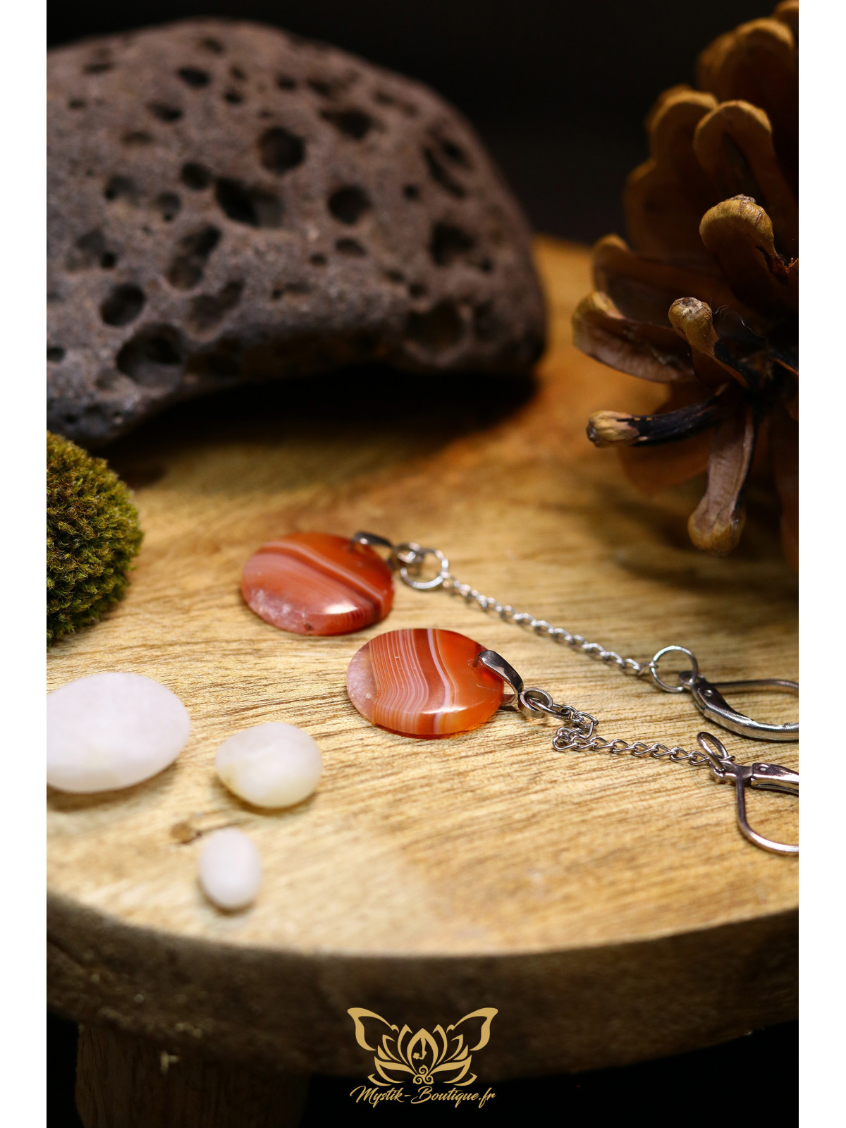 Boucles d'oreilles artisanales en cornaline - Accroches en acier inoxydable 304 argenté