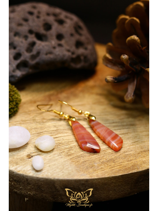 Boucles d'oreilles artisanales en cornaline - Accroches en laiton plaqué argent 925 puis dorées