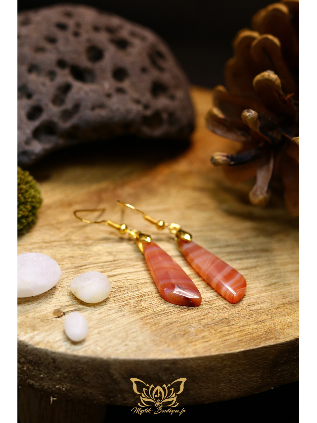 Boucles d'oreilles artisanales en cornaline - Accroches en laiton plaqué argent 925 puis dorées