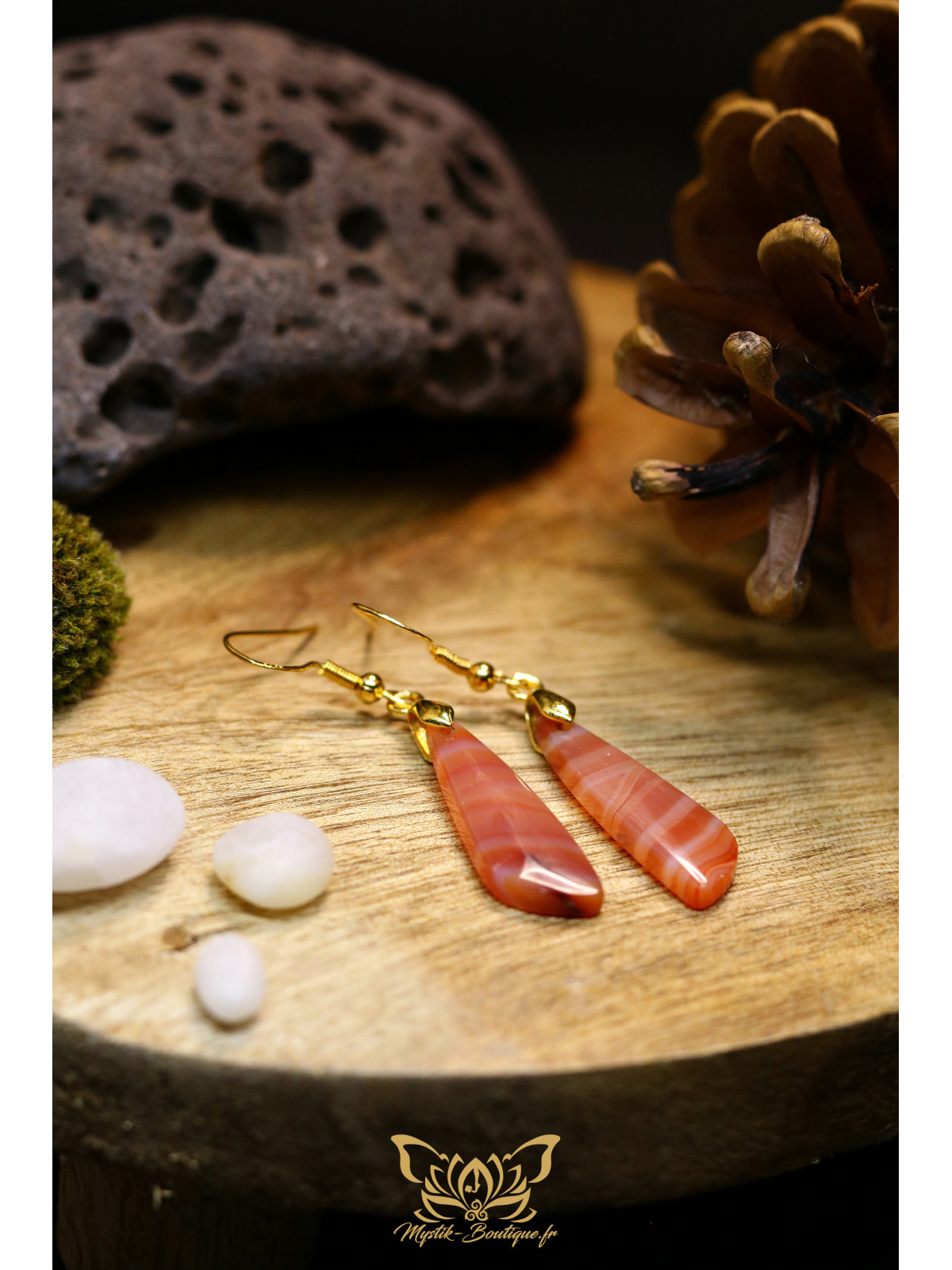 Boucles d'oreilles artisanales en cornaline - Accroches en laiton plaqué argent 925 puis dorées