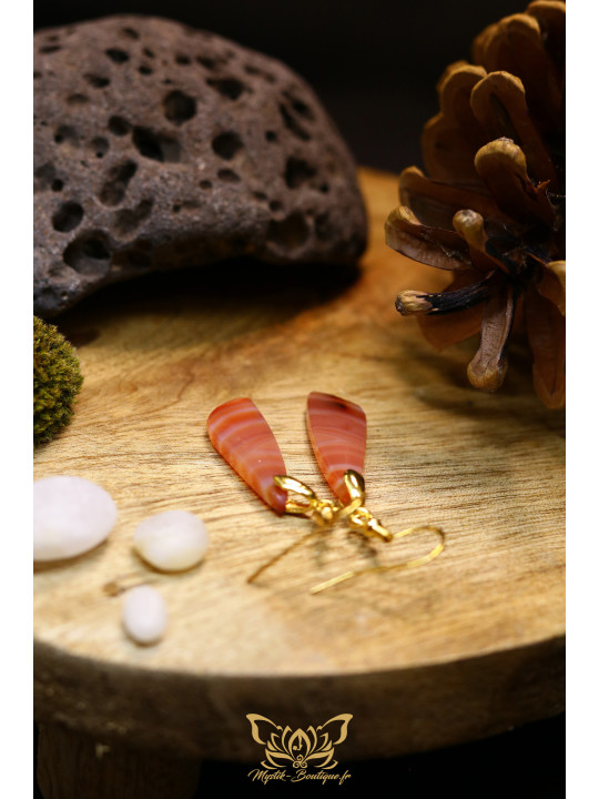 Boucles d'oreilles artisanales en cornaline - Accroches en laiton plaqué argent 925 puis dorées