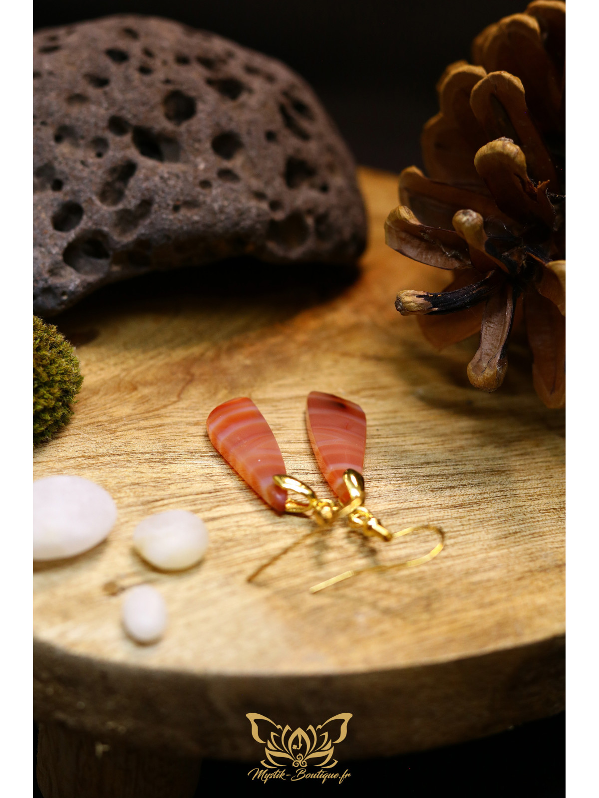 Boucles d'oreilles artisanales en cornaline - Accroches en laiton plaqué argent 925 puis dorées