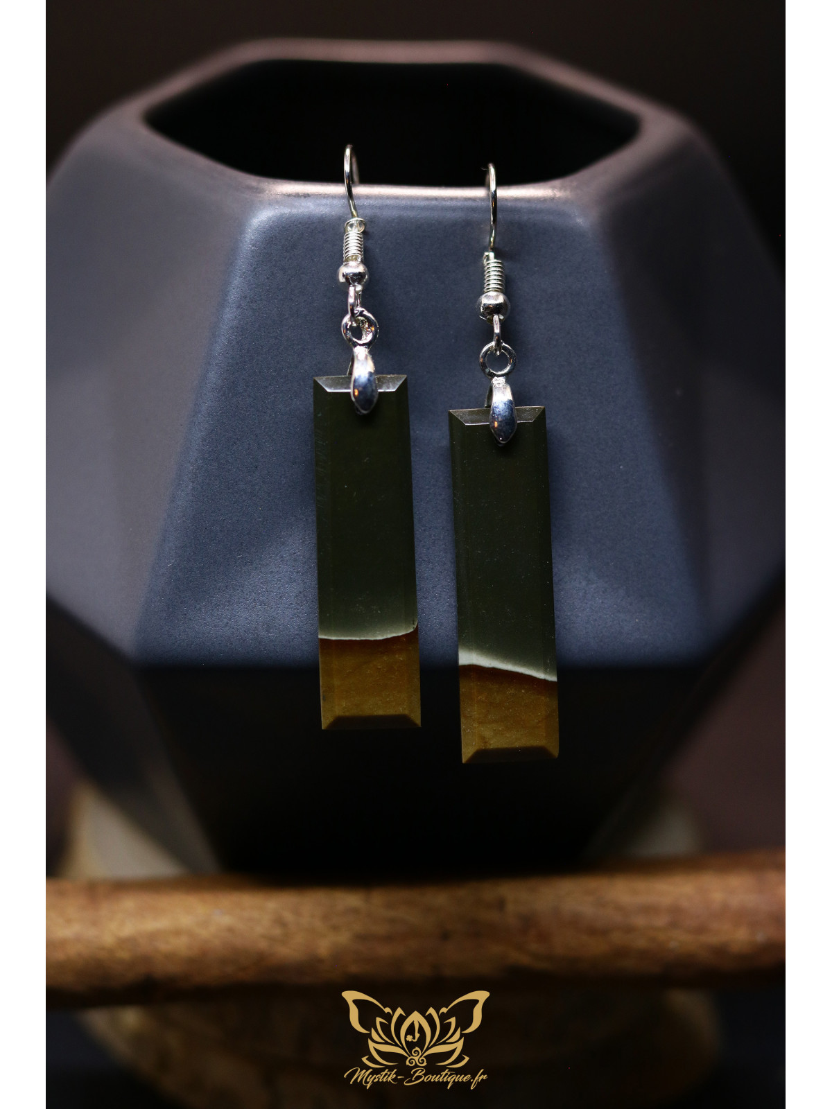 Boucles d'oreilles artisanales en jaspe polychrome - Accroches en cuivre plaqué argent 925